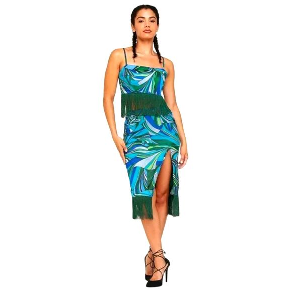 House of Harlow 1960 Dresses & Skirts - House of Harlow Satin Fringe Groovy Set Crop Top + Midi High Waist Skirt Size XS